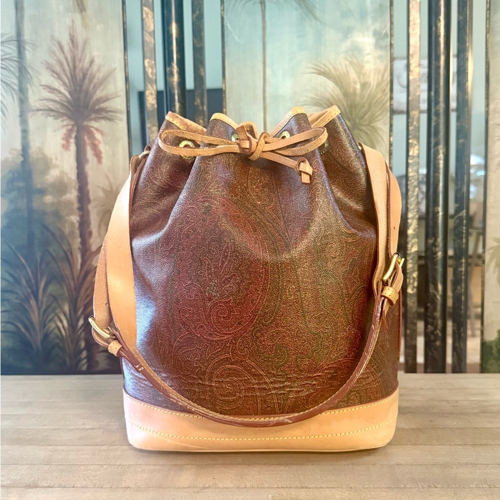 Etro Vintage Brown PVC & Vachetta Leather Paisley Drawstring Bucket Bag Purse